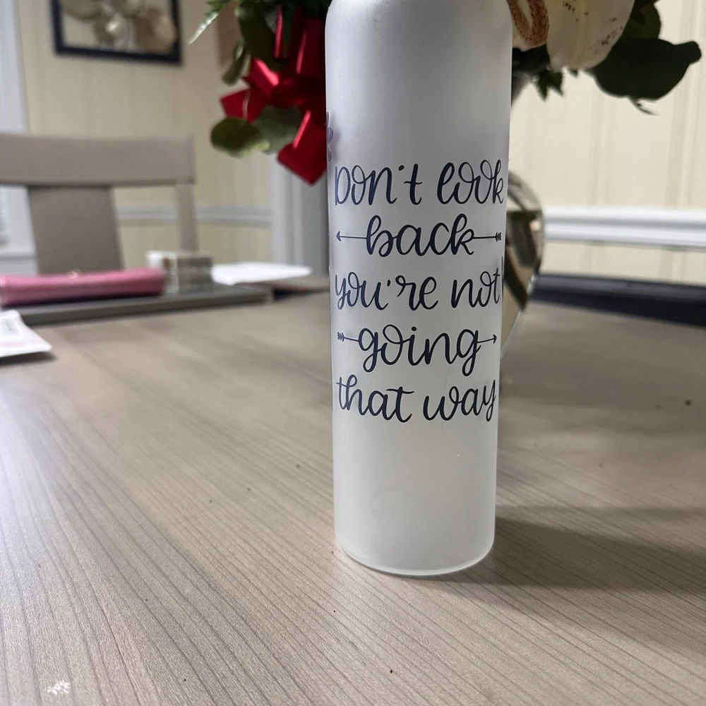 Inspirational Frosted Glass Water Bottle with Purple Design